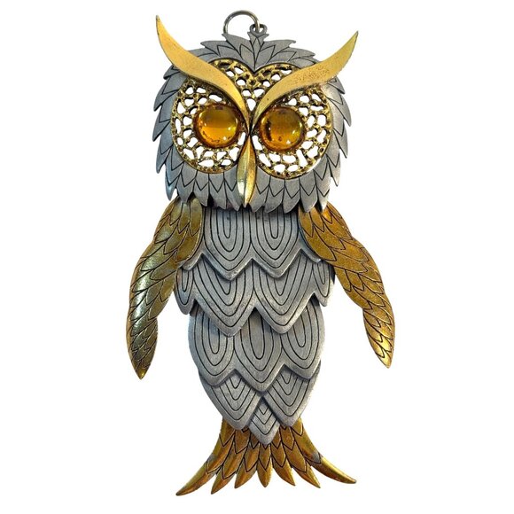 Jewelry - Vintage Owl Pendant Articulated Gold Silver Tone Amber Eyes Retro
